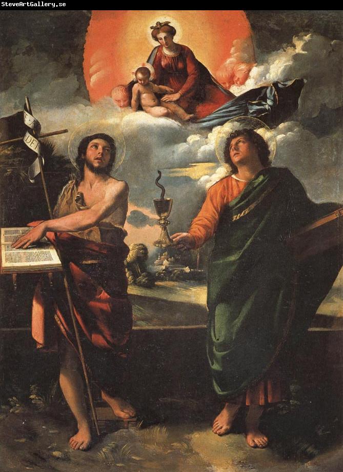 DOSSI, Dosso Madonna in Glory with SS.John the Baptist and john the Evangelist